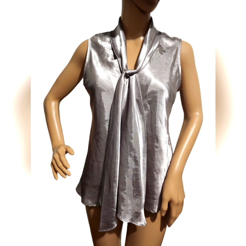 Elegant SILVER Blouse with High Shine finish by KASPER, Petite Medium, versatile